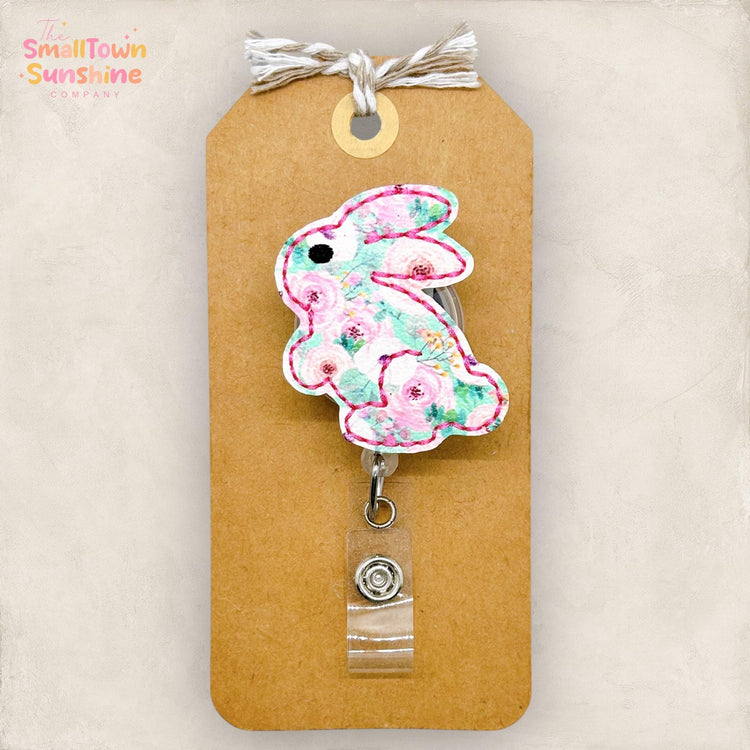 Pink & Teal Floral Bunny Retractable Badge Reel: Easter ID Holder, Name Tag, Topper, Coworker Gift, Lanyard, MRI Safe, Heavy Duty Options