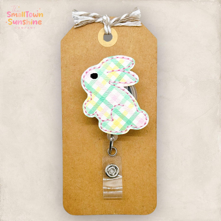 Pastel Plaid Bunny Retractable Badge Reel: Easter ID Holder, Name Tag, Topper, Coworker Gift, Lanyard, MRI Safe, Heavy Duty Options