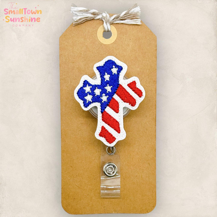 Patriotic Cross Retractable Badge Reel: Christian ID Holder, Name Tag, Topper, Coworker Gift, Lanyard, MRI Safe, Heavy Duty Option | GLITTER