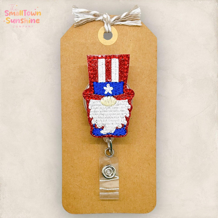 Uncle Sam Gnome Retractable Badge Reel: Patriotic ID Holder, Name Tag, Topper, Coworker Gift, Lanyard, MRI Safe, Heavy Duty | GLITTER