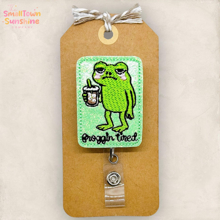 Froggin Tired Retractable Badge Reel: Iced Coffee Frog ID Holder, Name Tag, Topper, Coworker Gift, MRI Safe, Heavy Duty Options | GLITTER