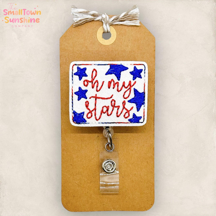 Oh My Stars Retractable Badge Reel: Patriotic ID Holder, Name Tag, Swappable Topper, Coworker Gift, Lanyard, MRI Safe, Heavy Duty | GLITTER