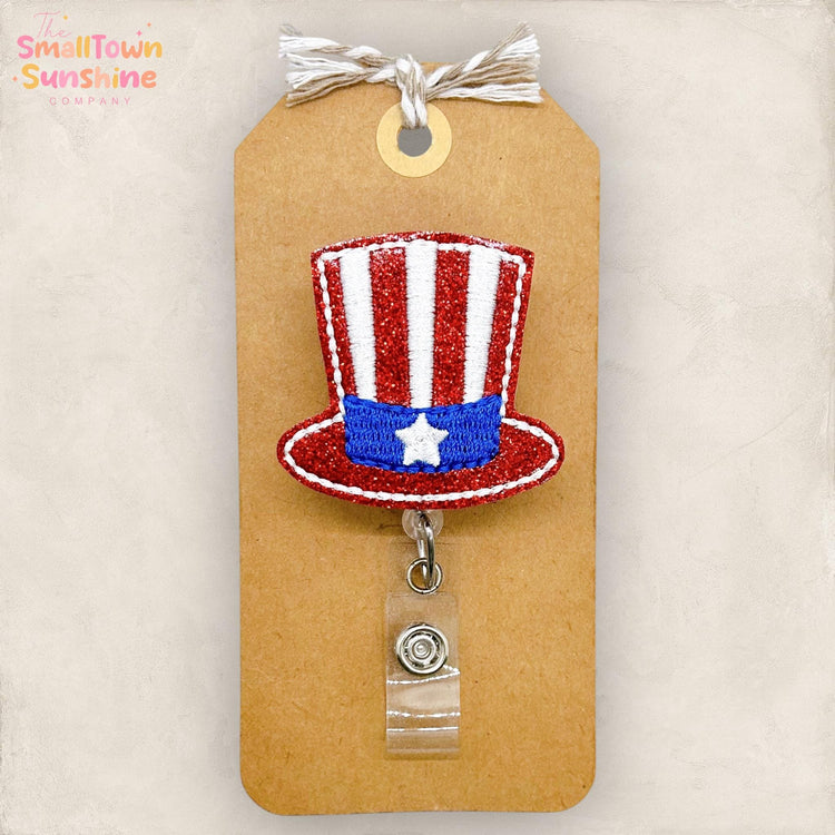 Uncle Sam Hat Retractable Badge Reel: Patriotic ID Holder, Name Tag, Topper, Coworker Gift, Lanyard, MRI Safe, Heavy Duty Option | GLITTER