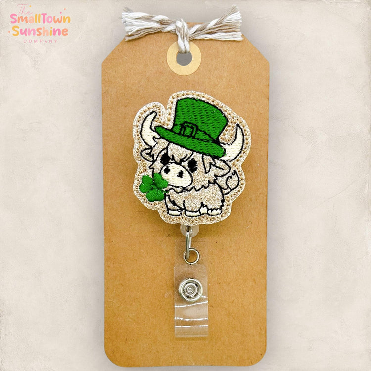 Lucky Highland Cow Retractable Badge Reel: St Pattys Day ID Holder, Name Tag, Topper, Coworker Gift, Lanyard, MRI Safe, Heavy Duty | GLITTER