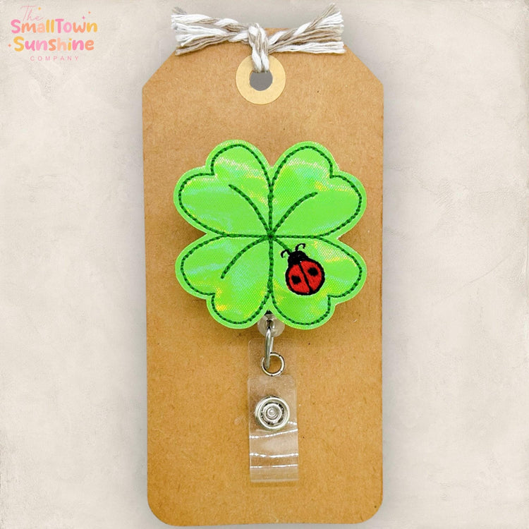 Four Leaf Clover Ladybug Retractable Badge Reel: St Patrick ID Holder, Name Tag, Topper, Coworker Gift, MRI Safe, Heavy Duty Options