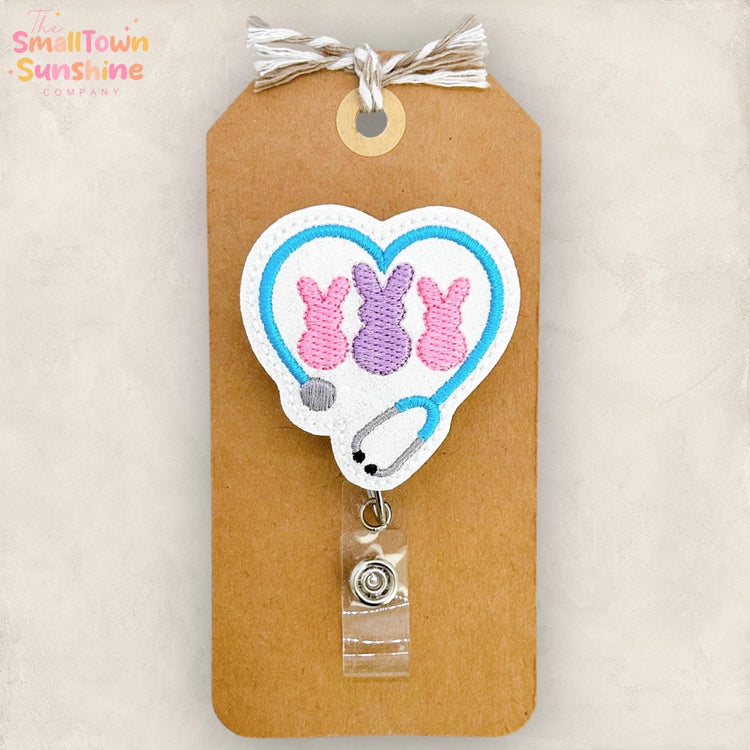 Bunny Stethoscope Retractable Badge Reel: Easter ID Holder, Name Tag, Topper, Coworker Gift, Lanyard, MRI Safe, Heavy Duty | GLITTER