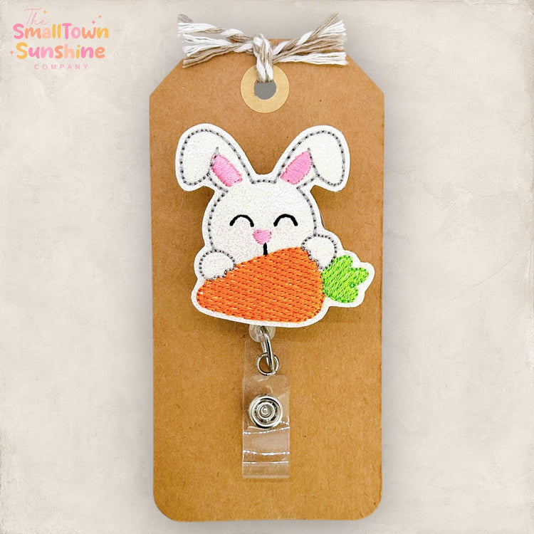 Carrot Bunny Retractable Badge Reel: Easter ID Holder, Name Tag, Topper, Coworker Gift, Lanyard, MRI Safe, Heavy Duty Options | GLITTER