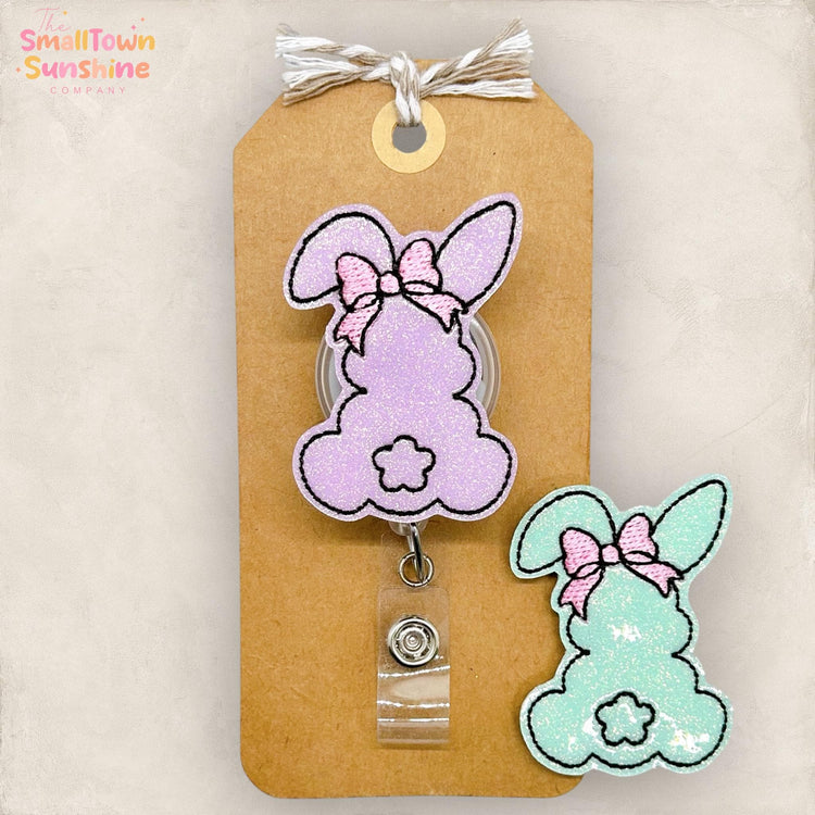 Bunny with Bow Retractable Badge Reel: Easter ID Holder, Name Tag, Topper, Coworker Gift, Lanyard, MRI Safe, Heavy Duty Options | GLITTER