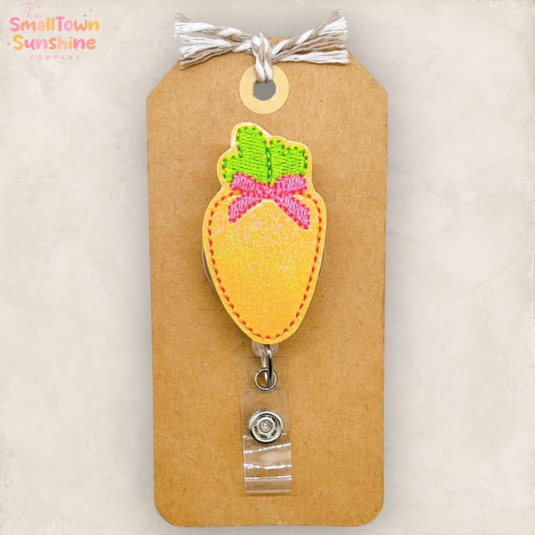 Carrot with Bow Retractable Badge Reel: Spring ID Holder, Name Tag, Swappable Topper, Coworker Gift, Lanyard, MRI Safe, Heavy Duty Options