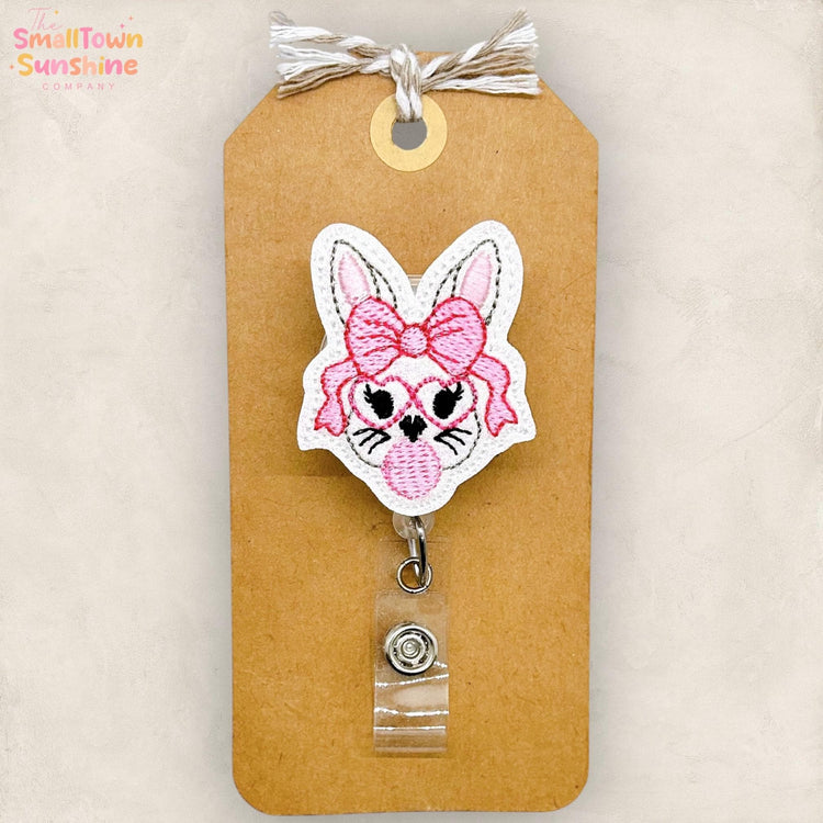 Bubblegum Bunny Retractable Badge Reel: Easter ID Holder, Name Tag, Topper, Coworker Gift, Lanyard, MRI Safe, Heavy Duty Option | GLITTER