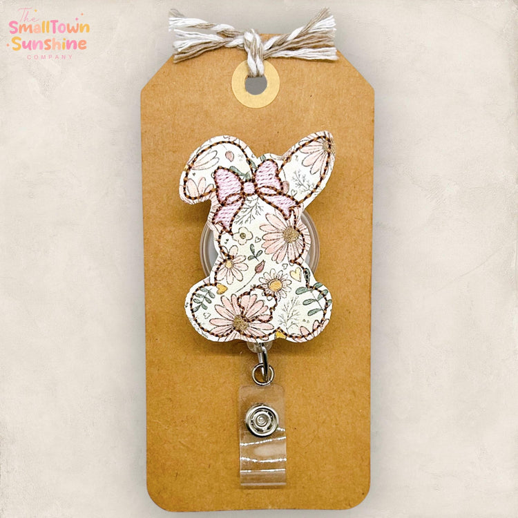 Floral Bunny with Bow Retractable Badge Reel: Easter ID Holder, Name Tag, Topper, Coworker Gift, Lanyard, MRI Safe, Heavy Duty Options