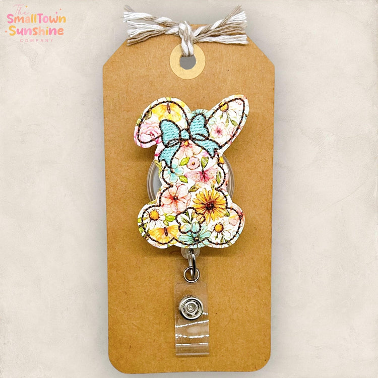 Floral Bunny with Bow Retractable Badge Reel: Easter ID Holder, Name Tag, Topper, Coworker Gift, Lanyard, MRI Safe, Heavy Duty Options
