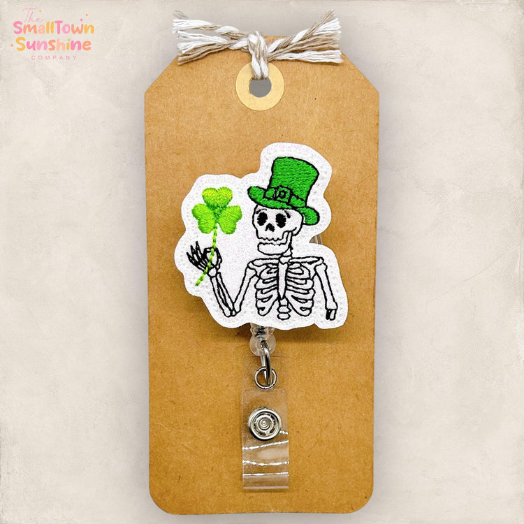 Skeleton Leprechaun Retractable Badge Reel: St Patrick’s ID Holder, Name Tag, Topper, Coworker Gift, MRI Safe, Heavy Duty Option | GLITTER