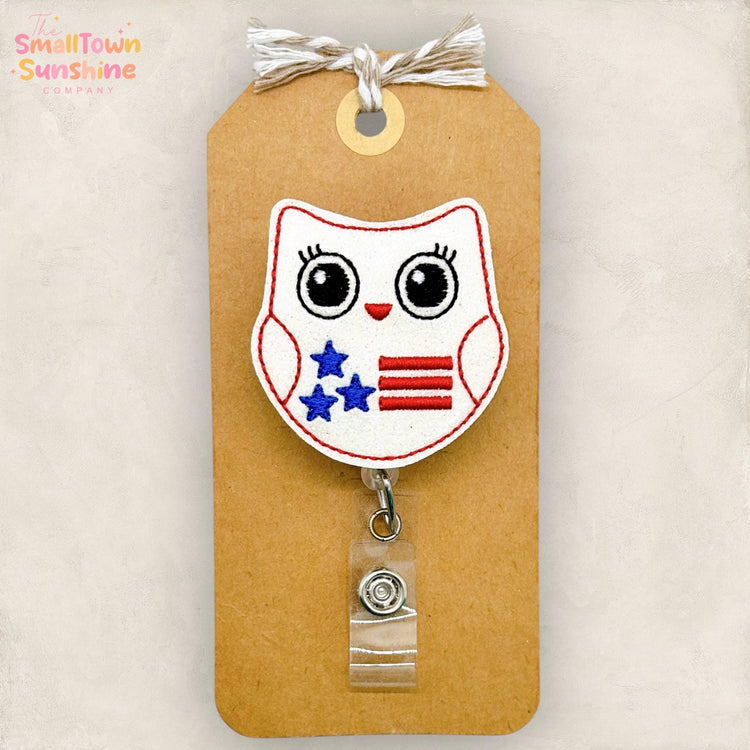 American Owl Retractable Badge Reel: Patriotic ID Holder, Name Tag, Topper, Coworker Gift, Lanyard, MRI Safe, Heavy Duty Options | GLITTER
