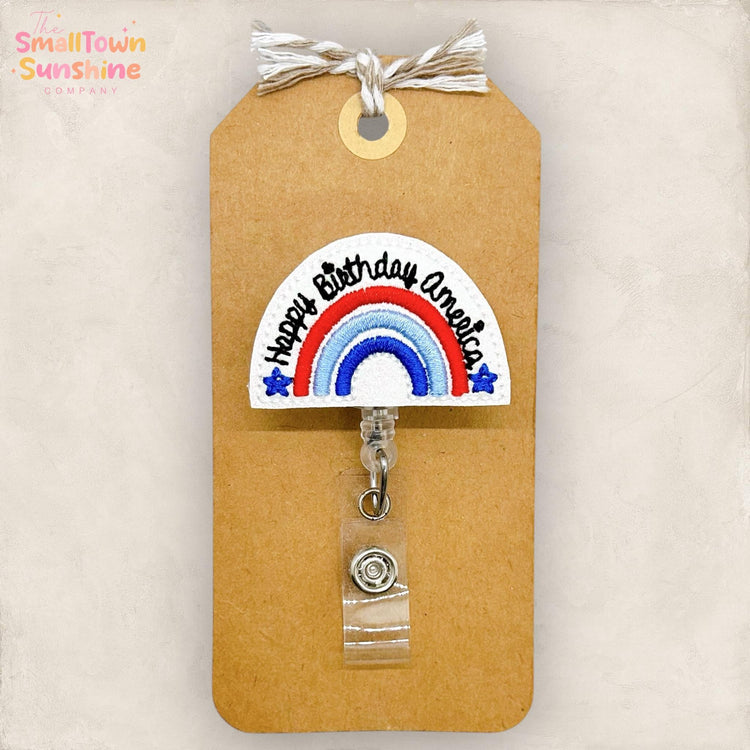 Happy Birthday America Retractable Badge Reel: Patriotic ID Holder, Name Tag, Topper, Coworker Gift, Lanyard, MRI Safe, Heavy Duty | GLITTER