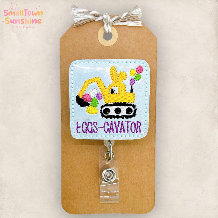 Eggs-Cavator Retractable Badge Reel: Funny Easter ID Holder, Name Tag, Topper, Coworker Gift, Lanyard, MRI Safe, Heavy Duty Options