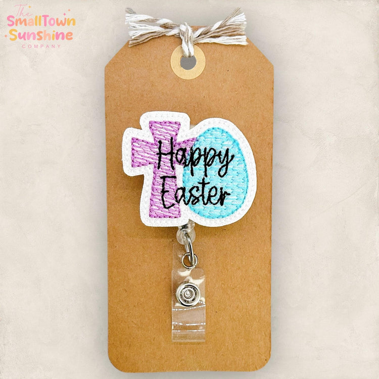 Cross & Egg Retractable Badge Reel: Happy Easter ID Holder, Name Tag, Topper, Coworker Gift, Lanyard, MRI Safe, Heavy Duty Option | GLITTER