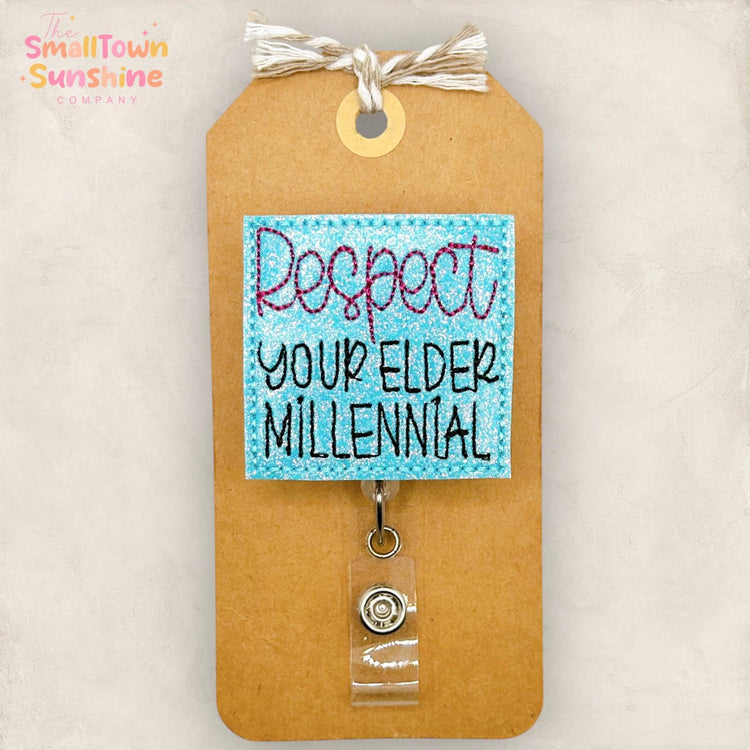 Respect Your Elder Millennial Retractable Badge Reel: ID Holder, Name Tag, Topper, Coworker Gift, Lanyard, MRI Safe, Heavy Duty | GLITTER