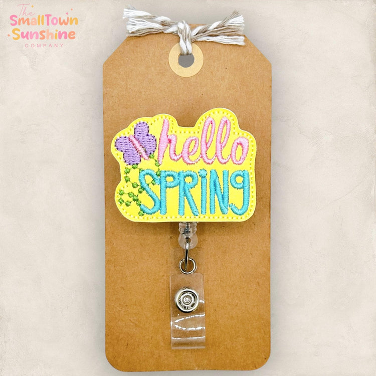 Hello Spring Retractable Badge Reel: Springtime ID Holder, Name Tag, Topper, Coworker Gift, Lanyard, MRI Safe, Heavy Duty Options