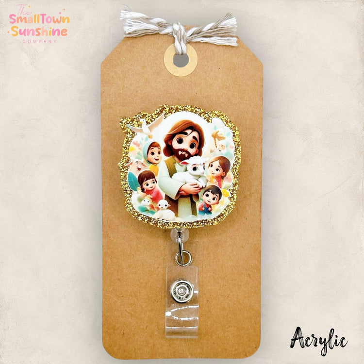 Jesus with Children Retractable Badge Reel: Easter ID Holder, Name Tag, Topper, Coworker Gift, Lanyard, Heavy Duty Options | ACRYLIC GLITTER