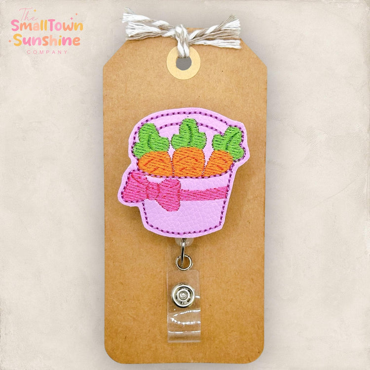 Carrot Basket Retractable Badge Reel: Coquette Easter ID Holder, Name Tag, Topper, Coworker Gift, Lanyard, MRI Safe, Heavy Duty Options