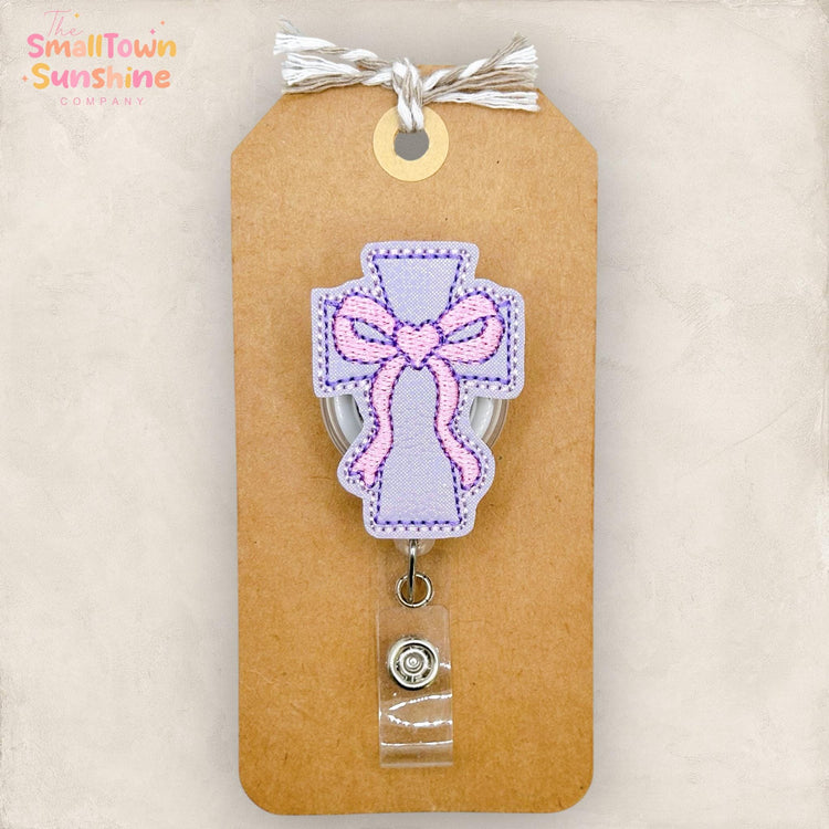 Coquette Cross Retractable Badge Reel: Christian ID Holder, Name Tag, Topper, Coworker Gift, Lanyard, MRI Safe, Heavy Duty Options