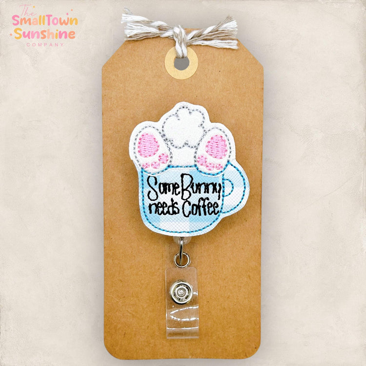 Some Bunny Needs Coffee Retractable Badge Reel: Easter ID Holder, Name Tag, Topper, Coworker Gift, Lanyard, MRI Safe, Heavy Duty | GLITTER