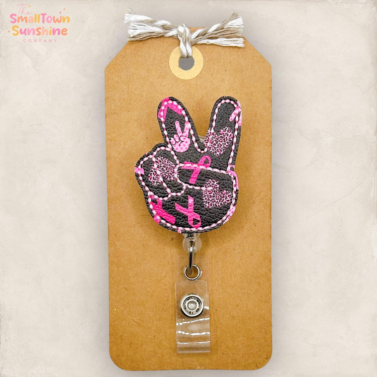 Breast Cancer Peace Fingers Retractable Badge Reel: Oncology Nurse ID Holder, Name Tag, Topper, Coworker Gift, Lanyard, MRI Safe, Heavy Duty