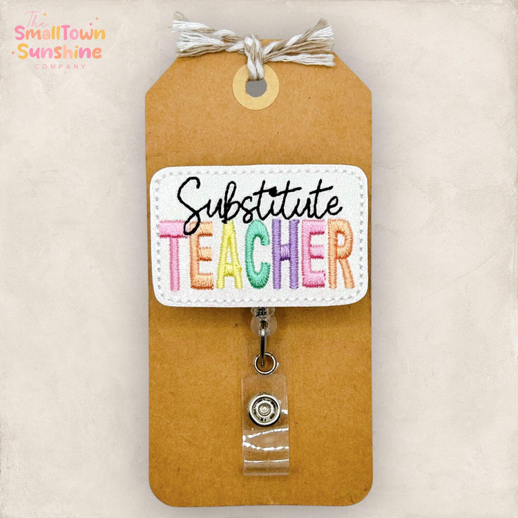 Substitute Teacher Retractable Badge Reel: ID Holder, Name Tag, Topper, Coworker Gift, Lanyard, MRI Safe, Heavy Duty Options | GLITTER