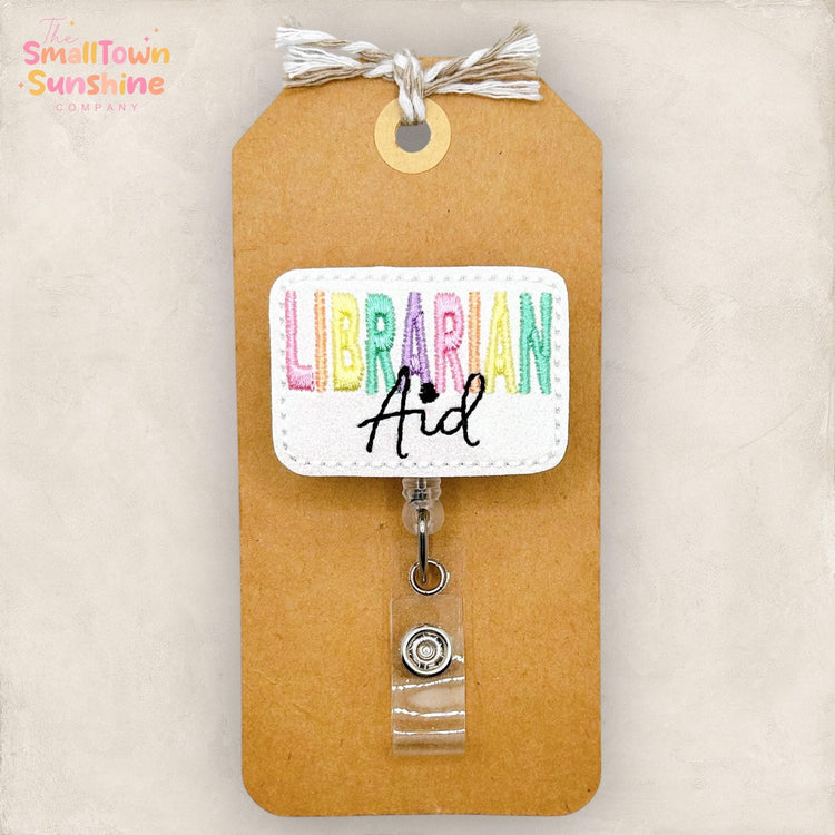 Librarian Aide Retractable Badge Reel: Library ID Holder, Name Tag, Topper, Coworker Gift, Lanyard, MRI Safe, Heavy Duty Options | GLITTER