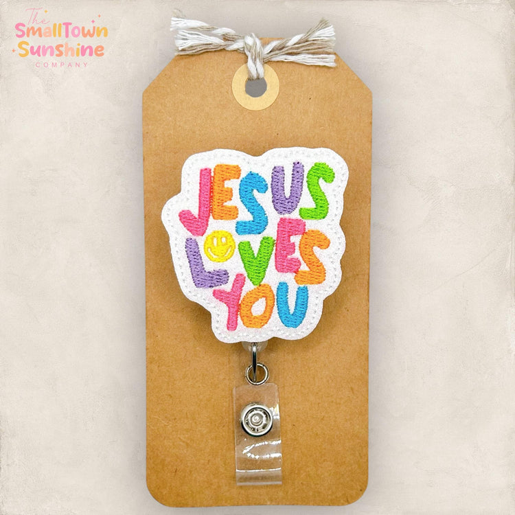 Jesus Loves You Retractable Badge Reel: Christian ID Holder, Name Tag, Topper, Coworker Gift, Lanyard, MRI Safe, Heavy Duty Option | GLITTER