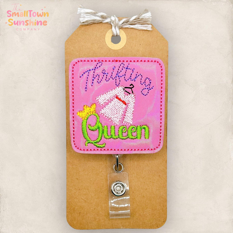 Thrifting Queen Retractable Badge Reel: ID Holder, Name Tag, Swappable Topper, Coworker Gift, Lanyard, MRI Safe, Heavy Duty Options
