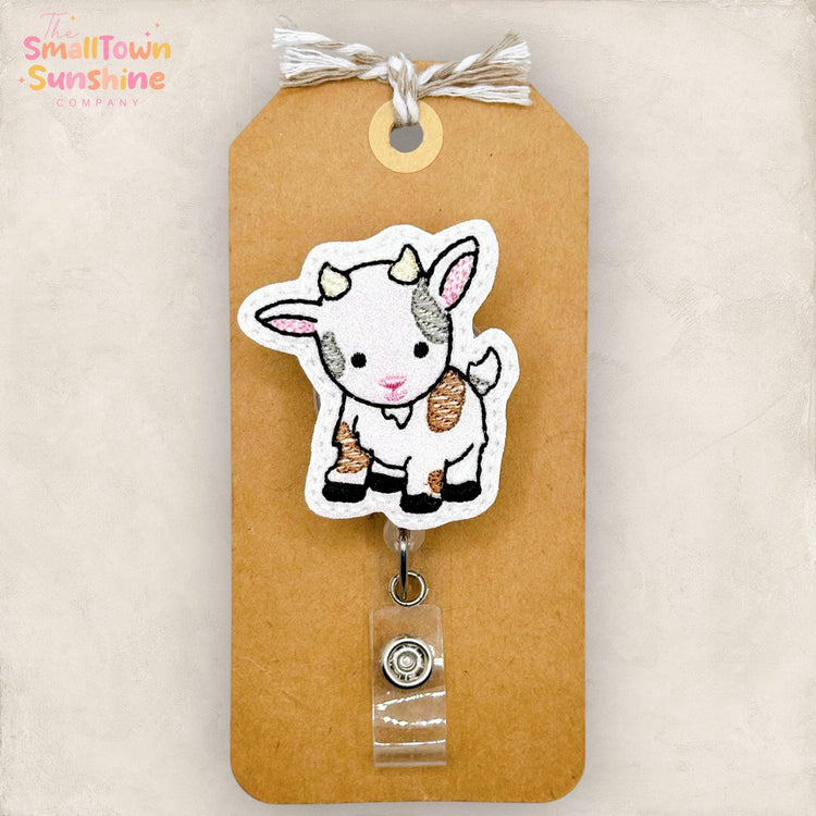Cute Goat Retractable Badge Reel: Farm Animal ID Holder, Name Tag, Topper, Coworker Gift, Lanyard, MRI Safe, Heavy Duty Option | GLITTER