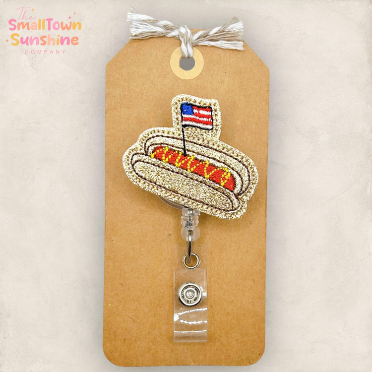 Patriotic Hot Dog Retractable Badge Reel: Fourth of July ID Holder, Name Tag, Topper, Coworker Gift, Lanyard, MRI Safe, Heavy Duty | GLITTER