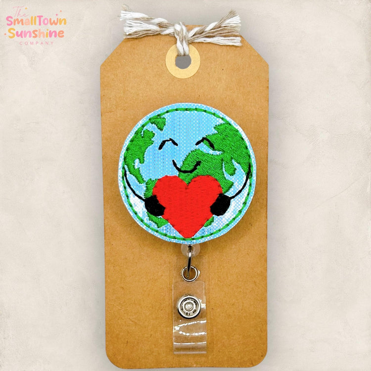 Planet Earth Love Retractable Badge Reel: Earth Day ID Holder, Name Tag, Topper, Coworker Gift, Lanyard, MRI Safe, Heavy Duty Options