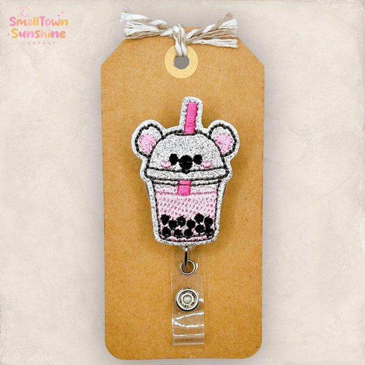 Koala Boba Tea Retractable Badge Reel: Tea Drinker ID Holder, Name Tag, Topper, Coworker Gift, Lanyard, MRI Safe, Heavy Duty | GLITTER