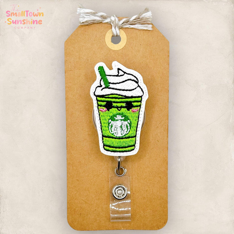 Matcha Latte Retractable Badge Reel: Green Tea ID Holder, Name Tag, Topper, Coworker Gift, Lanyard, MRI Safe, Heavy Duty Options | GLITTER