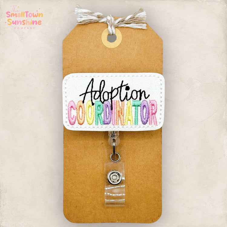 Adoption Coordinator Badge Reel, Adopt Badge Clip, Social Worker Name Tag, Lanyard, Topper, Coworker Gift, Retractable ID Holder | GLITTER