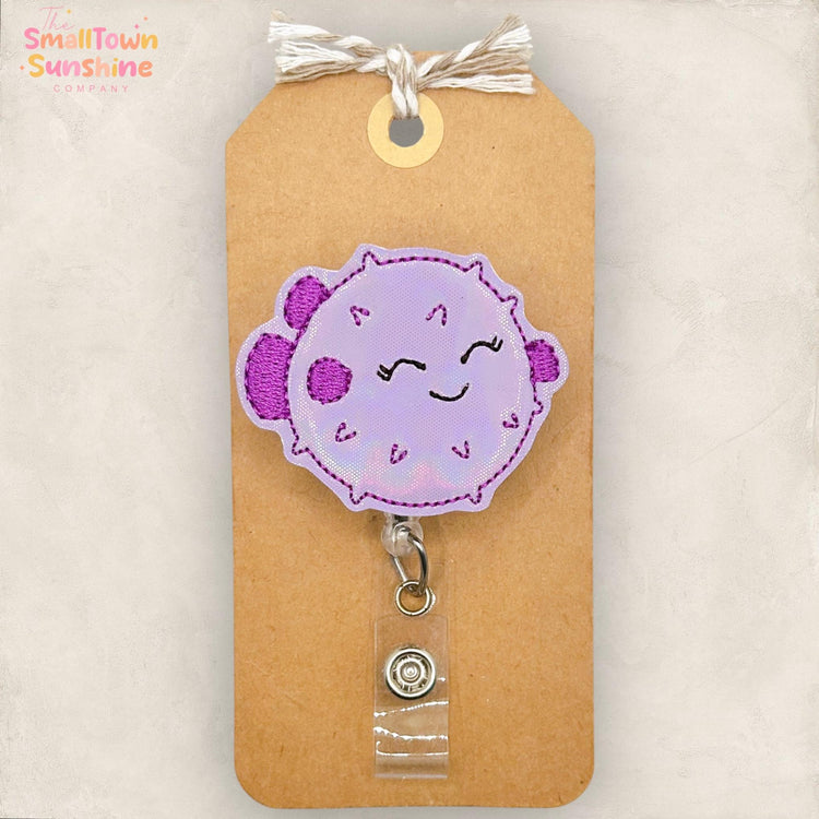 Purple Blowfish Retractable Badge Reel: Puffer Fish ID Holder, Name Tag, Topper, Coworker Gift, Lanyard, MRI Safe, Heavy Duty Options