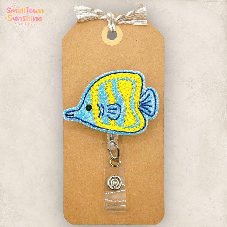 Tropical Fish Retractable Badge Reel: Summer ID Holder, Name Tag, Swappable Topper, Coworker Gift, Lanyard, MRI Safe, Heavy Duty | GLITTER