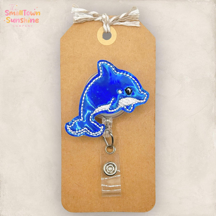 Blue Dolphin Retractable Badge Reel: Summer ID Holder, Name Tag, Swappable Topper, Coworker Gift, Lanyard, MRI Safe, Heavy Duty Options