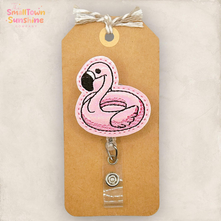 Flamingo Floatie Retractable Badge Reel: Summer ID Holder, Name Tag, Topper, Coworker Gift, Lanyard, MRI Safe, Heavy Duty Options
