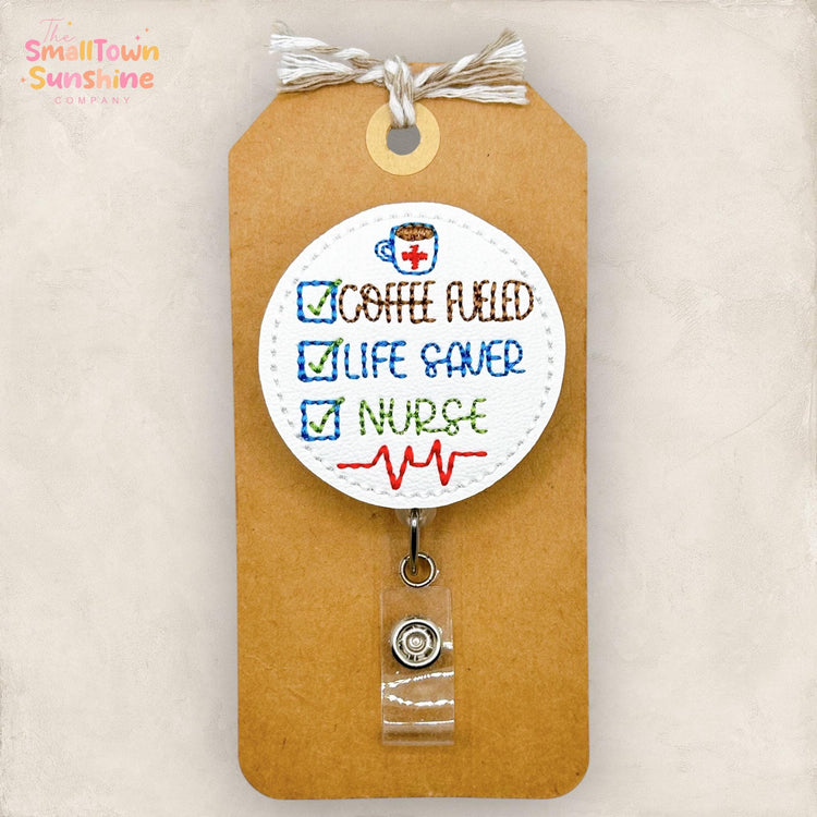 Coffee Fueled Nurse Retractable Badge Reel: Life Saver ID Holder, Name Tag, Topper, Coworker Gift, Lanyard, MRI Safe, Heavy Duty Options