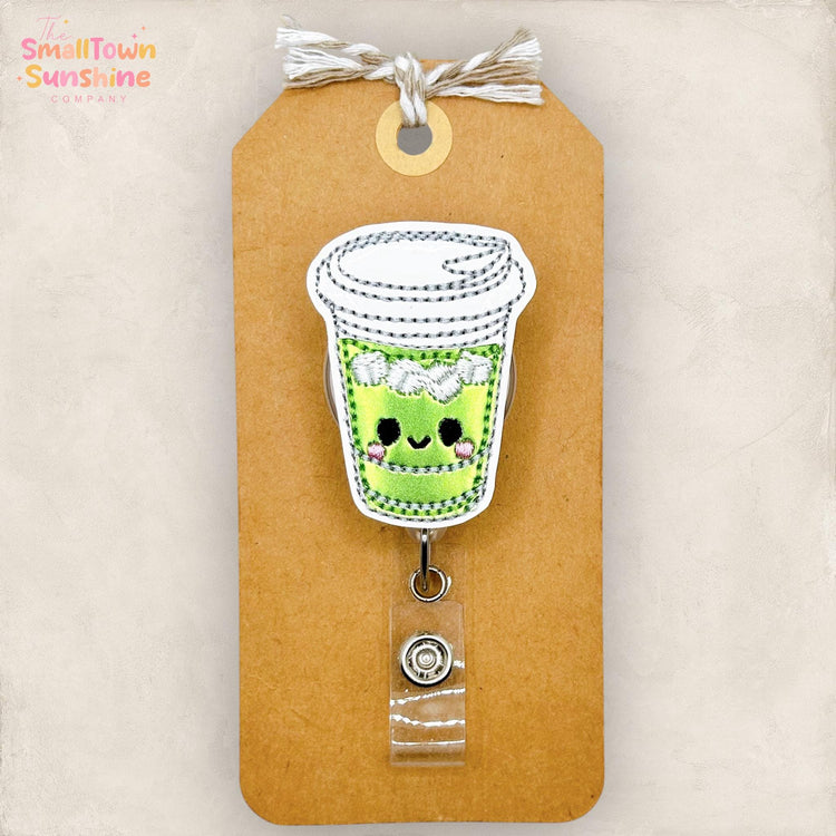 Iced Matcha Retractable Badge Reel: Green Tea ID Holder, Name Tag, Swappable Topper, Coworker Gift, Lanyard, MRI Safe, Heavy Duty Options