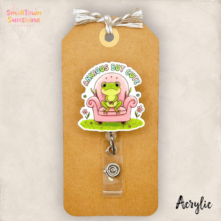 Anxious But Cute Retractable Badge Reel: Anxiety Frog ID Holder, Name Tag, Topper, Coworker Gift, Lanyard, MRI Safe, Heavy Duty | ACRYLIC