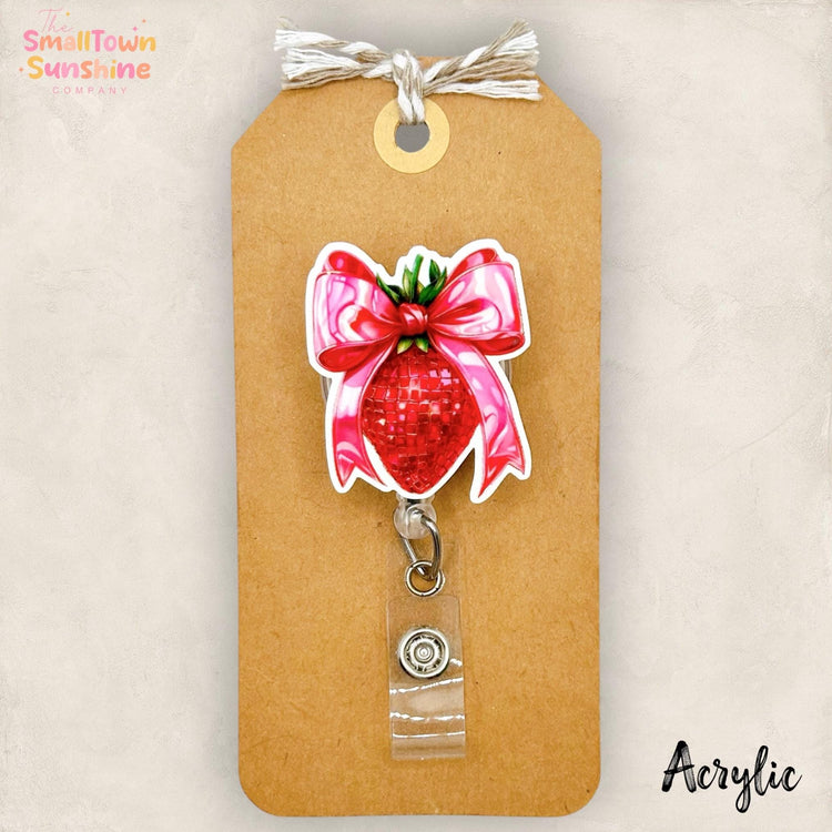 Coquette Strawberry Retractable Badge Reel: Summer ID Holder, Name Tag, Topper, Coworker Gift, Lanyard, MRI Safe, Heavy Duty | ACRYLIC