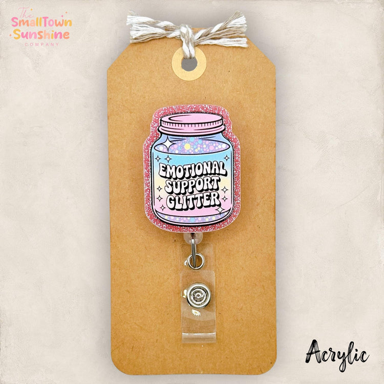 Emotional Support Glitter Retractable Badge Reel: Id Holder, Name Tag, Topper, Coworker Gift, Lanyard, MRI Safe, Heavy Duty Option | ACRYLIC