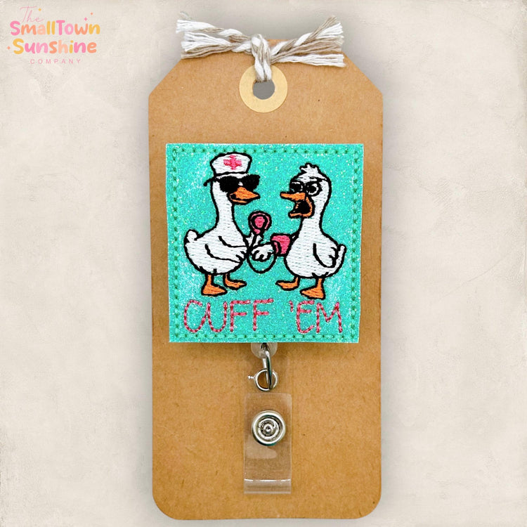 Cuff Em Retractable Badge Reel: Silly Medical Goose ID Holder, Name Tag, Topper, Coworker Gift, Lanyard, MRI Safe, Heavy Duty | GLITTER