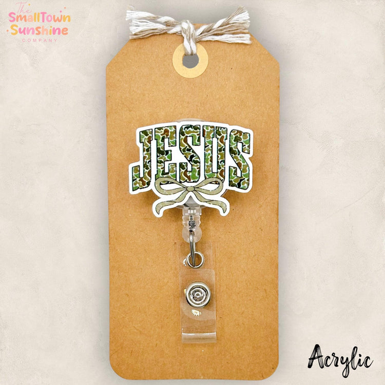 Coquette Camo Jesus Retractable Badge Reel: Faith ID Holder, Name Tag, Topper, Coworker Gift, Lanyard, MRI Safe, Heavy Duty Option | ACRYLIC