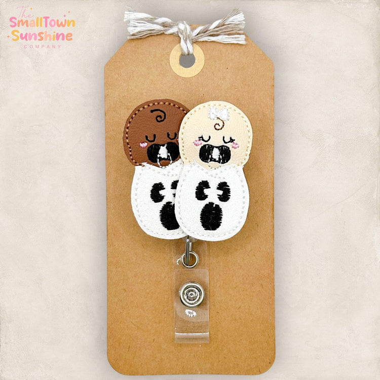 Spooky Ghost Babies Badge Reel, Swaddled Halloween Baby Badge Clip, L & D Nurse Lanyard, Coworker Gift, Retractable ID Holder | GLITTER